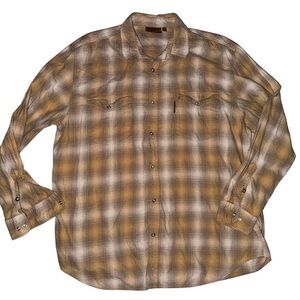 Outback Trading Co Pearl Snap Mustard Yellow, Brown, Tan Flannel Button Up
